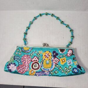 Turquoise Hand Beaded & Embroidered Floral Satin Clutch Purse With Beaded Handle